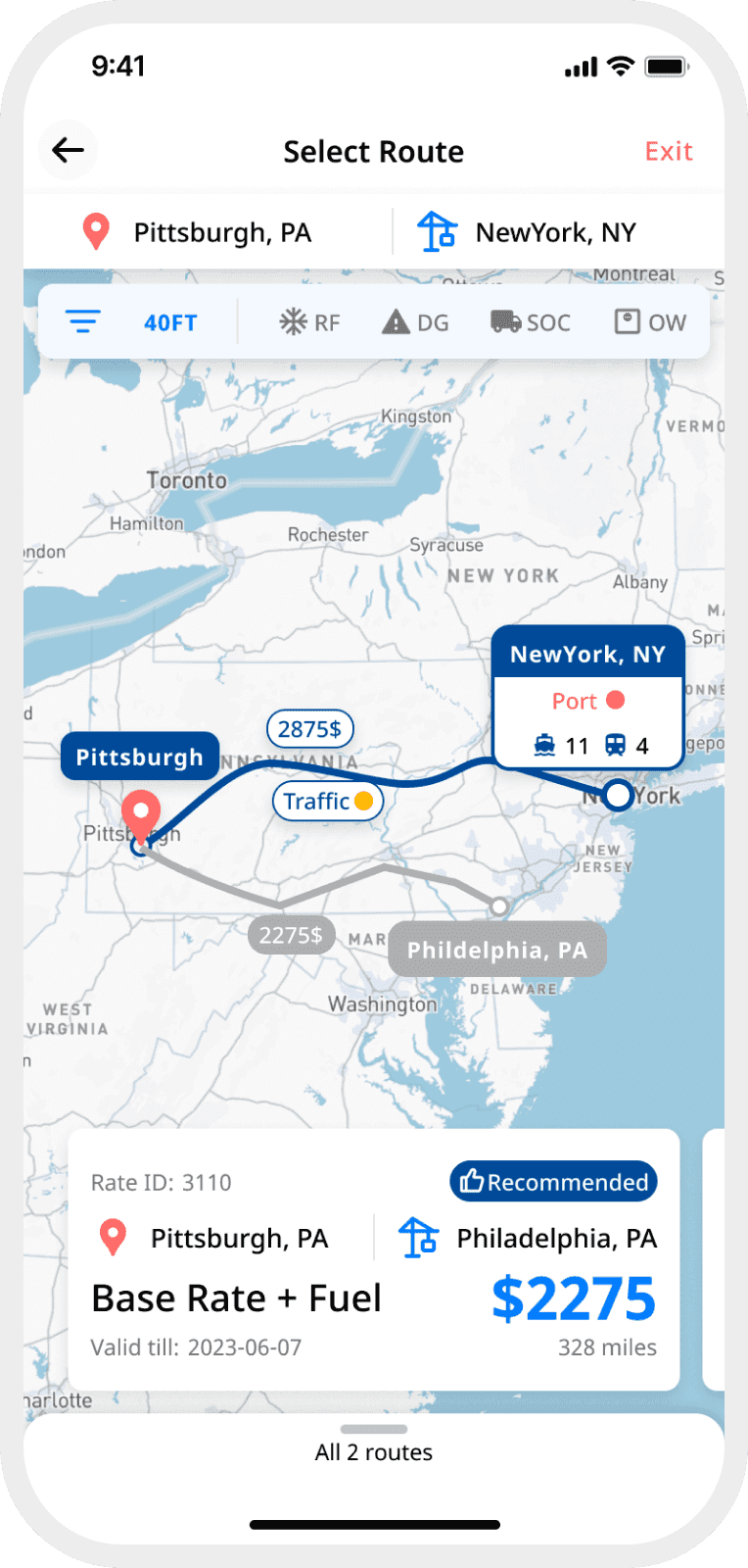 DrayEasy mobile route selection interface