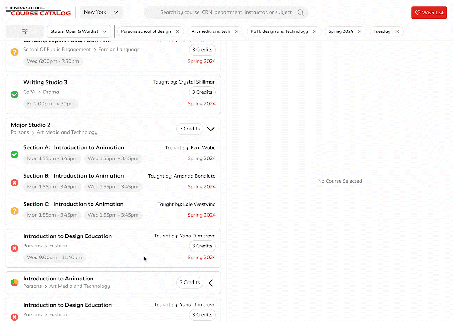 The New School course catalog redesign interface